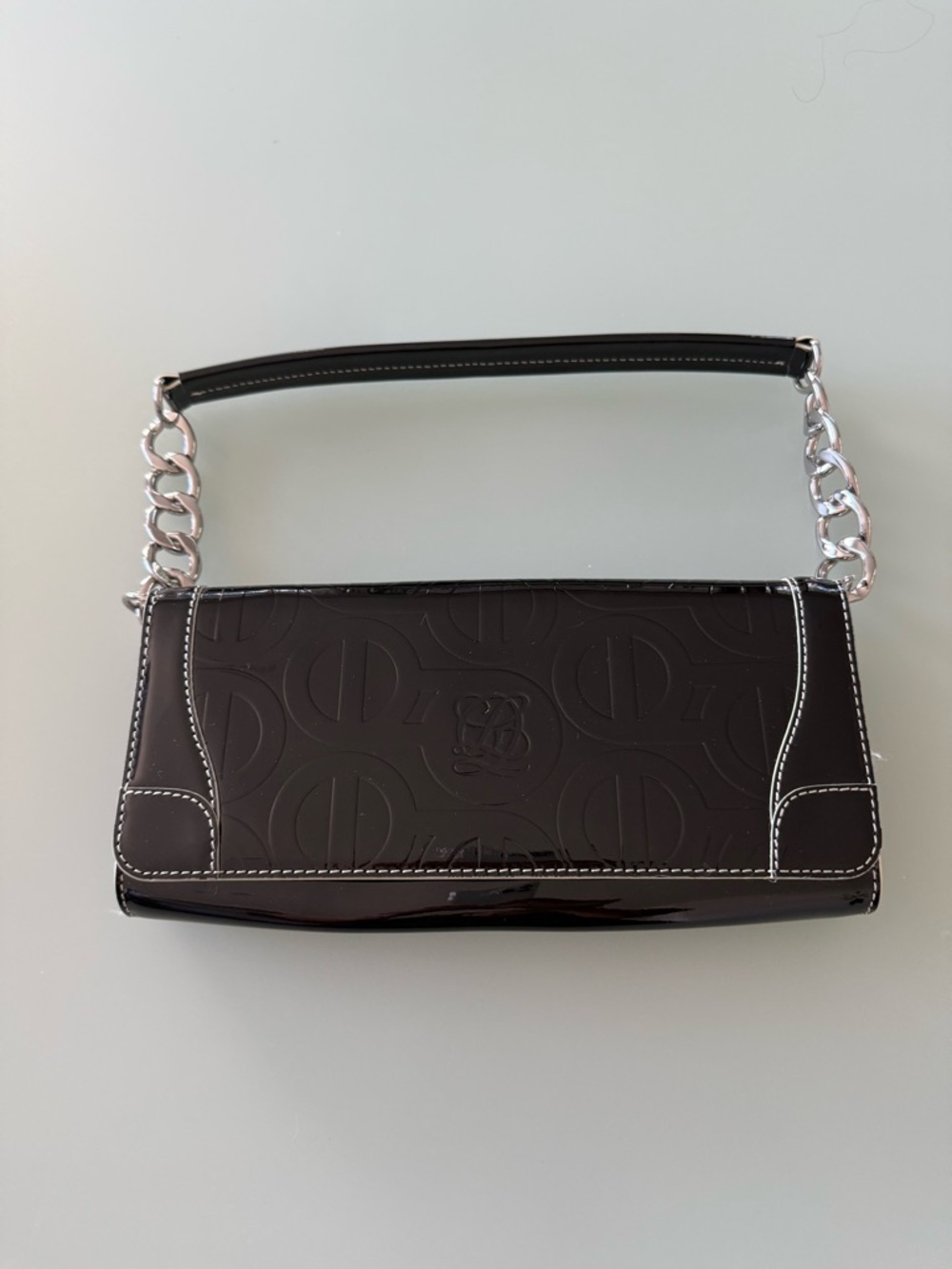 Louis Quatorze Black Patent Shoulder Bag with Silver Chain Handle